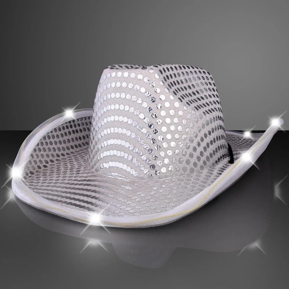 Flashing LED Lights Red Sequin Cowboy Holiday Hat